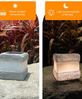 2 Pack Solar Rock Lights Outdoor Waterproof Fake Rock Pathway Lights With Warm LED Glow, showing day and night modes