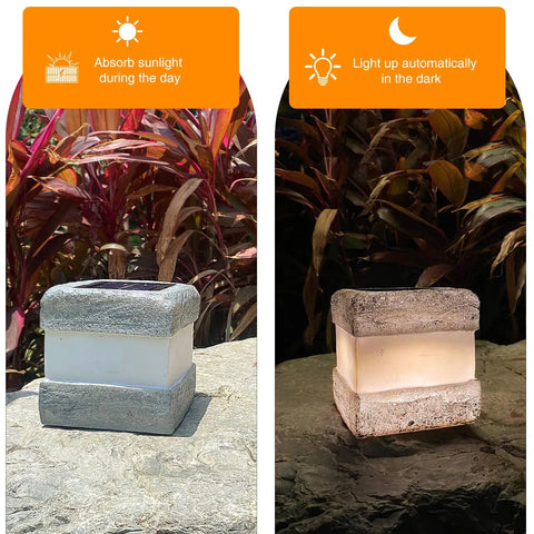 2 Pack Solar Rock Lights Outdoor Waterproof Fake Rock Pathway Lights With Warm LED Glow, showing day and night modes