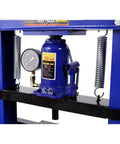 Beefy 20 Ton Hydraulic Shop Press With Bottle Jack And Pressure Gauge for bending, bearings, U-joints in heavy duty steel frame, blue.