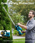 Man using Cordless 20V Hedge Trimmer with 20 Inch Dual Action Blades Dual 4.0Ah Batteries Rotatable Handle in garden.