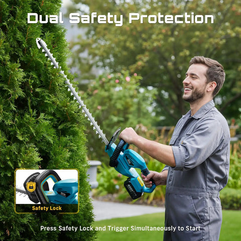 Man using Cordless 20V Hedge Trimmer with 20 Inch Dual Action Blades Dual 4.0Ah Batteries Rotatable Handle in garden.