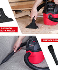 Micro Wet Dry Vacuum Portable 1 Gallon Vac with Gulper Nozzle and Crevice Tool, cleaning wood shavings and couch