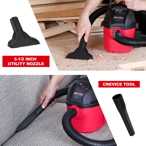 Micro Wet Dry Vacuum Portable 1 Gallon Vac with Gulper Nozzle and Crevice Tool, cleaning wood shavings and couch