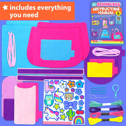 Starter Sewing Bag Kit For Kids Fun DIY Mini Bag Projects Animal Theme Crafts Learn To Sew And Felt Embroidery Easy Step By Step Instructions Great Arts And Crafts Gift For Boys And Girls, kit contents with felt pieces and instructions