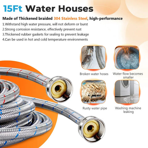 15ft Braided Stainless Steel Washing Machine Hose Set, Burst Proof and Leak Free, with 3/4 Inch Standard Fittings