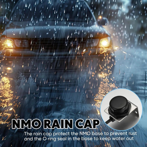 Three Quarters Inch NMO Mount With L Bracket Built Tough 16 Foot RG58 Coax Cable Pure Copper NMO To PL259 Waterproof Cap in rain.