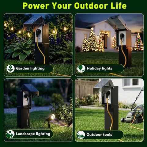 19.5 Inch Low Profile Garden Post Enclosure With Built Tough Weatherproof Rain Cover For GFCI Outlets used for garden lighting.