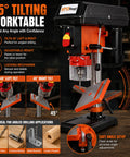 Heavy Duty 8 Inch Benchtop Drill Press Featuring A Robust 400W Induction Motor And Five Speed Settings with adjustable 45° tilting worktable.