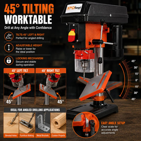 Heavy Duty 8 Inch Benchtop Drill Press Featuring A Robust 400W Induction Motor And Five Speed Settings with adjustable 45° tilting worktable.