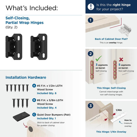 Heavy Duty Quarter Inch Overlay Cabinet Hinges In Slick Matte Black Finish with installation hardware and guide.