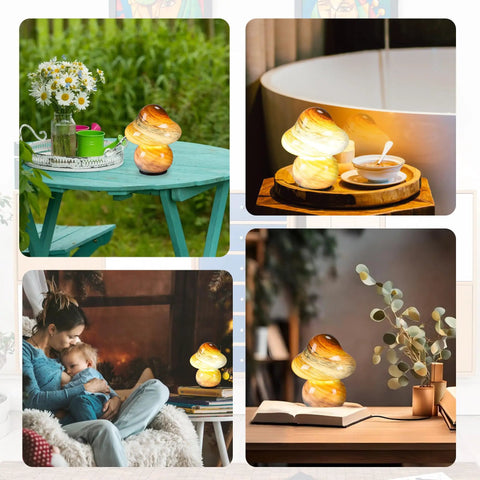 Pacifier Shaped Mushroom Lamp With Stepless Dimmable Glass Bedside Table Lamp placed in various home settings