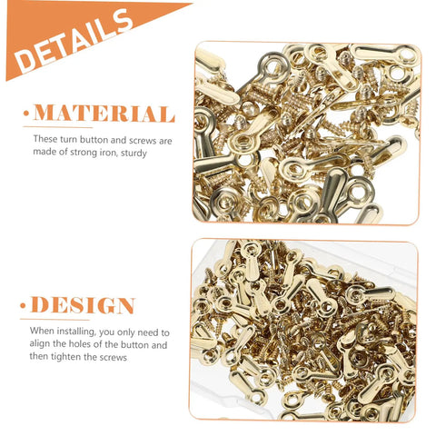 Heavy Duty Iron Picture Frame Backing Clips Featuring Quick Turn Button Fasteners and All Included Mounting Screws for Hanging Wall Photos Artwork Crafts Straight Up No Sweat - Gold iron turn buttons and screws.