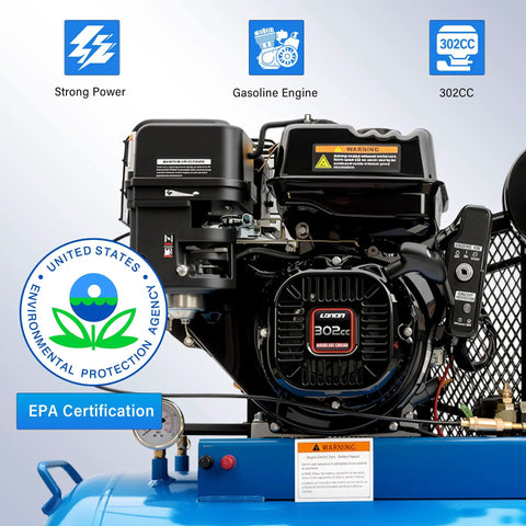 Heavy Duty 9HP Gas Air Compressor With 40 Gallon ASME Tank. High Performance 21 CFM Flow At 175 PSI For Jobsite Demands. Features Electric Start, 302CC Engine, Two Cylinder Pump Head, Dual Tank Design, And Powerful Output Port For Heavy Tools