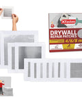 Heavy Duty Aluminum Drywall Patch Kit 12 Pack With Fiberglass Mesh Mess Free Self Adhesive Wall And Ceiling Hole Patches 4 6 8 Inch For Sheetrock Durable DIY Fix That Sticks And Lasts, showing patches and packaging