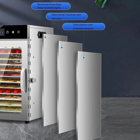 Commercial Freeze Dryer And Electric Food Dehydrator For Fruits Vegetables Meat And Seafood Stainless Steel Build showcasing layers of durable materials.