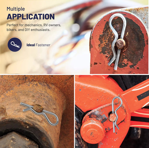 R Shaped Heavy Duty Cotter Pin Kit used on machinery, showcasing zinc-plated pins for mechanics and trailers
