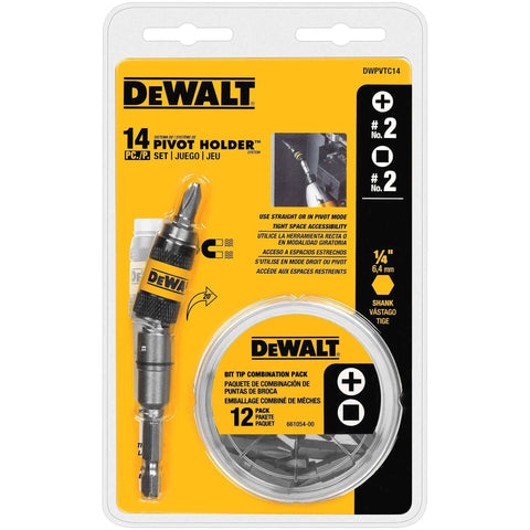 Front view of DEWALT 14-piece pivot bit holder set with magnetic bit holder and screwdriver bits in yellow packaging.