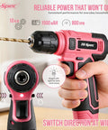 Person holding a pink 8V cordless drill with LED light, part of Pink 8V Cordless Drill Set And Tool Kit For Women Lightweight Rechargeable Power Drill Driver With Starter Tools Compact Hand Toolbox Ideal For Home Projects.