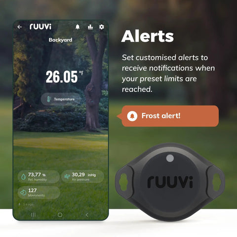 4In1 Bluetooth Temp Humidity Pressure Motion Sensor With Alerts And History, app display with temperature and frost alert
