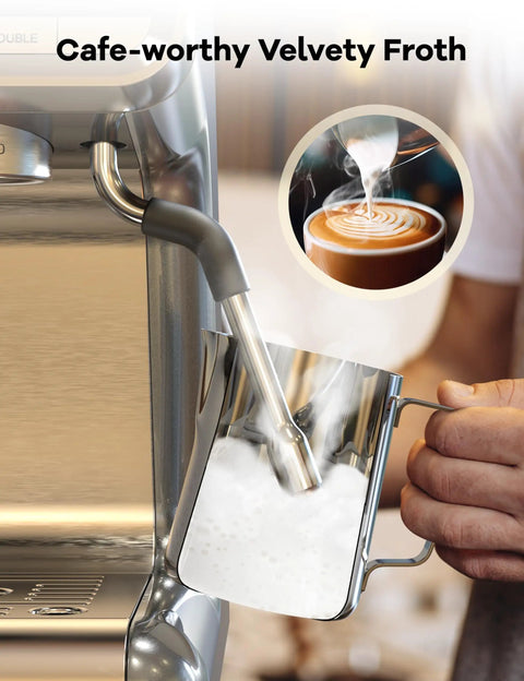 Daily Grind Fix 20 Bar Semi Automatic Espresso Machine With Built In Grinder And Milk Frother Steamer creating velvety froth.