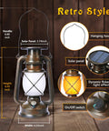 Bronze Vintage Solar Lanterns Two Pack Outdoor Lights showing dimensions and features like solar panel and hanging hook.