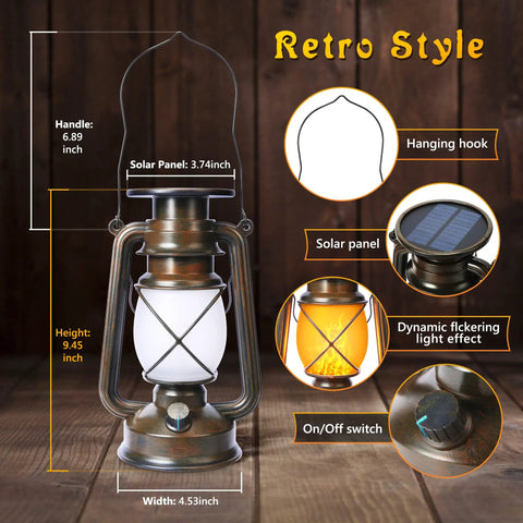Bronze Vintage Solar Lanterns Two Pack Outdoor Lights showing dimensions and features like solar panel and hanging hook.