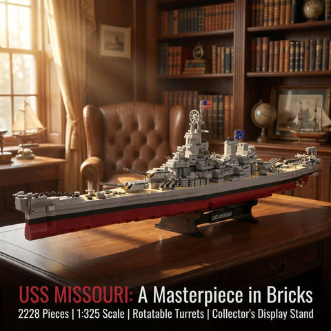Epic World War II Battleship Building Blocks Kit 2228 Pieces, 1 To 325 Scale Warship Model on wooden desk in library