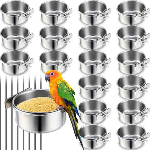 Stainless steel parrot food bowls with cage clamps, 10 oz each, 24-pack.