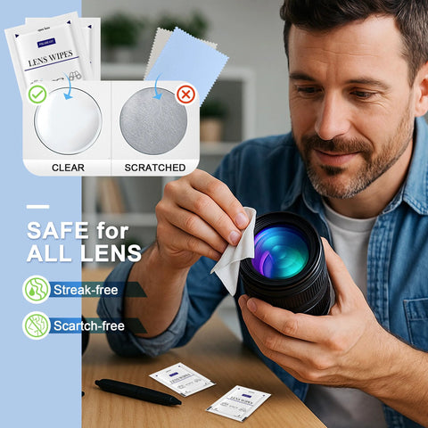 Front view of a man cleaning a camera lens with Pikabeast lens wipes; 200-count pack shown