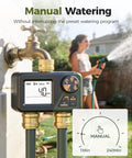 Dual Zone Sprinkler Timer For Outdoor Irrigation With IP66 Weatherproof Build attached to garden faucet, manual watering mode