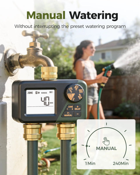 Dual Zone Sprinkler Timer For Outdoor Irrigation With IP66 Weatherproof Build attached to garden faucet, manual watering mode