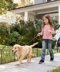 Girl walking dog along path bordered by 24 Pack Dope Decorative Garden Fence Barrier For Dogs And Rabbits, No Dig Arched Metal Border.