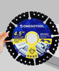 Hand holding 3 Piece 4-1/2 Inch Diamond Multi-Purpose Saw Blade for Angle Grinder for cutting marble quartz stone tile metal plastic