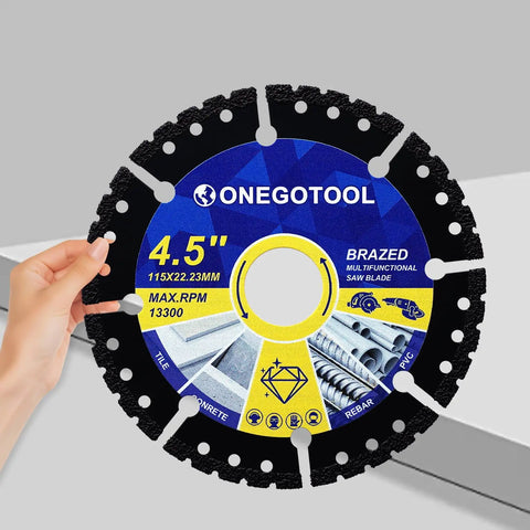 Hand holding 3 Piece 4-1/2 Inch Diamond Multi-Purpose Saw Blade for Angle Grinder for cutting marble quartz stone tile metal plastic
