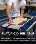 Pro Level Band Saw Fence With Hella Precise Drift Adjustment And Laser Cursor For 14 Inch Woodworking Bandsaws, sturdy steel table, user working on wood piece.
