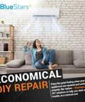 Woman relaxing on a couch under air conditioning with DIY repair text overlay.