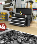 Three Drawer Portable Tool Box With Locking System, Steel Construction, Smooth Glide Drawers in a garage setting.