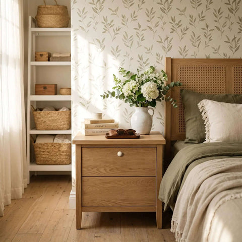 Bedroom with wooden nightstand, featuring Natural Travertine Round Cabinet Knobs 1.2 Inch Diameter 4 Pack Dope Upgrade