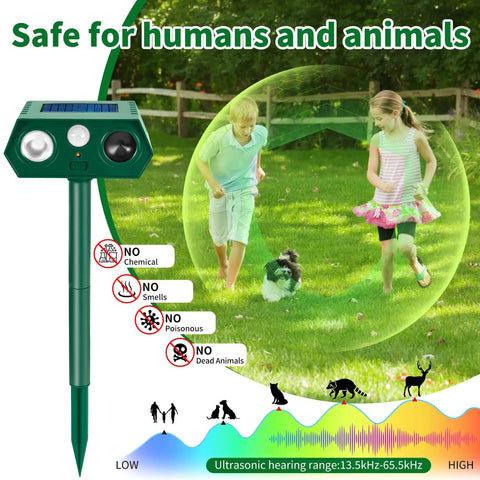 No-Hassle 4 Pack Ultrasonic Animal Repellent With PIR Motion Sensor And LED Lights For Outdoor Yard And Garden Waterproof Deterrent, solar stake view