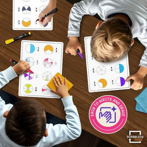 Children using Flexible Dry Erase Fraction Sheets 9 by 12 Inch Small Whiteboards Pack of 10 for Classroom and At Home Math Fractions Teaching.