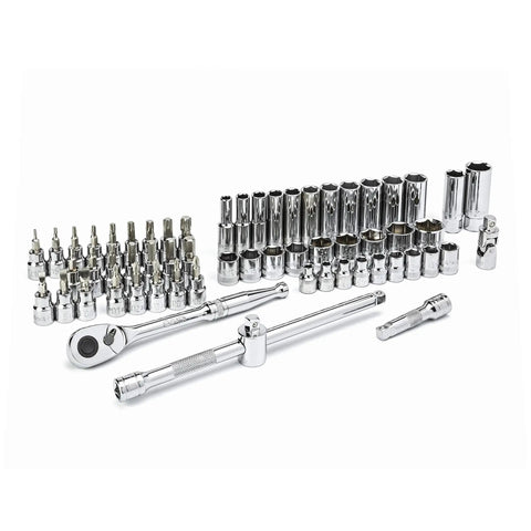 Beefy 60-Piece 3/8 Inch Drive Socket Set with standard and deep sockets, bit sockets, 72-tooth ratchet for home garage repairs