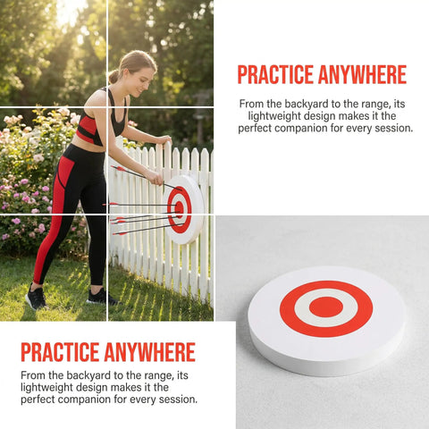Archery Target For Bow And Arrows Portable Lightweight Practice Target With High Visibility White Circles shown on outdoor fence