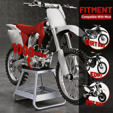 Universal Motorcycle Dirt Bike Stand For Maintenance And Tire Changes, Steel Motocross Panel Hoist Lift holding a bike