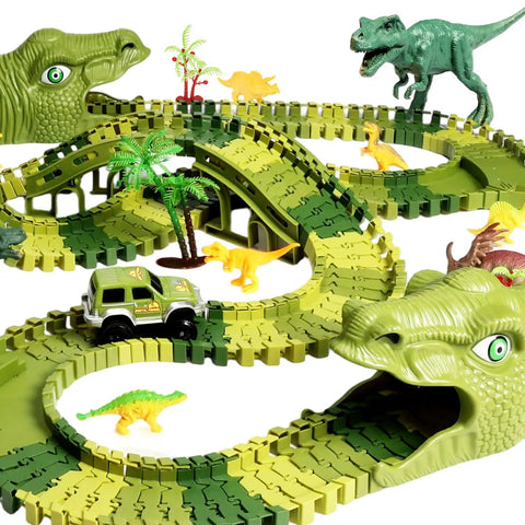 266 Piece Dino Track Set For Kids Ages 3 4 5 6 7 Flexible Race Tracks With 2 Dino Cars Tropical Adventure Track Layout