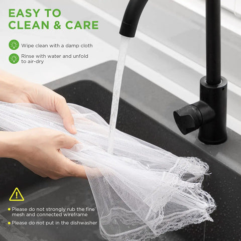Washing mesh food cover under faucet for Inflatable Serving Bar And Mesh Food Covers Combo Set For Outdoor Buffets And Parties