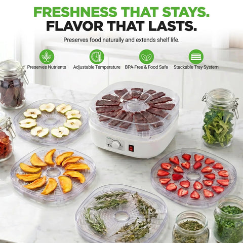 Five Tray Electric Food Dehydrator With Pro Airflow Circulation For Making Beef Jerky Dried Fruit And Homemade Dog Treats No Sweat Cleanup Countertop Build Great For Go Big On Healthy Snacks with dried fruits and beef jerky.