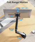 Full Motion Desk Mount For One Monitor Up To 32 Inches, installed on desk with adjustable arm, tilt, swivel, rotate features, black