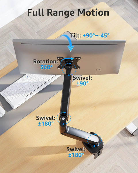 Full Motion Desk Mount For One Monitor Up To 32 Inches, installed on desk with adjustable arm, tilt, swivel, rotate features, black