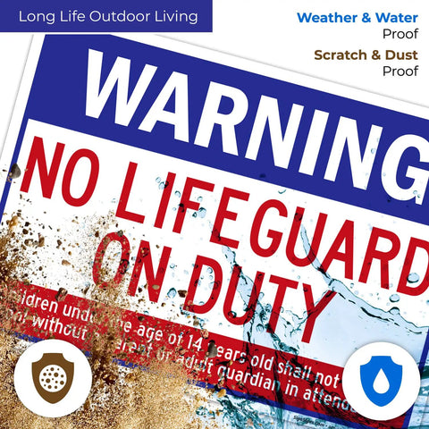 Close-up of a 'No Lifeguard On Duty' pool warning sign with emphasis on weatherproof features and warnings.