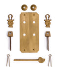 Brass Round Corner Cabinet Backplate Strip 4.1 Inch Overall Assembly With Pull, includes decorative brass and iron hardware parts.
